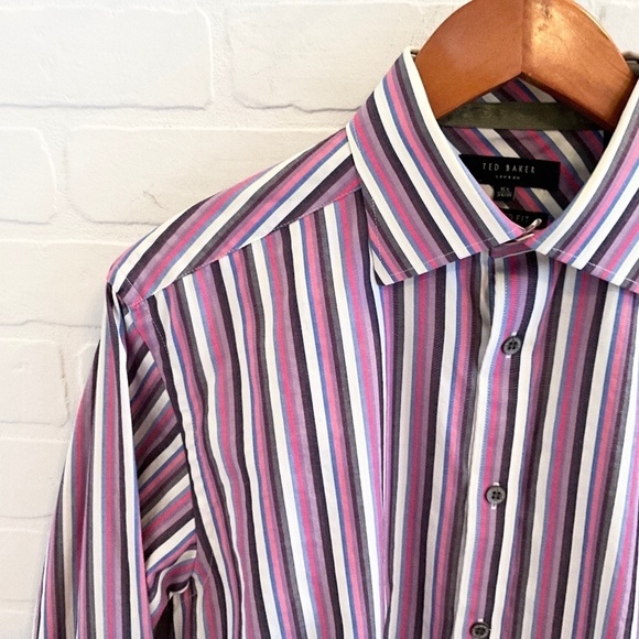 Ted Baker London Men’s Button Down Shirt Stripes Long Sleeve Purple Pink Sz 15.5 - Picture 12 of 15